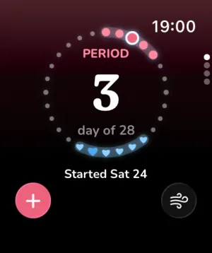 Splash on Apple Watch: cycle ring on period day 3 of 28