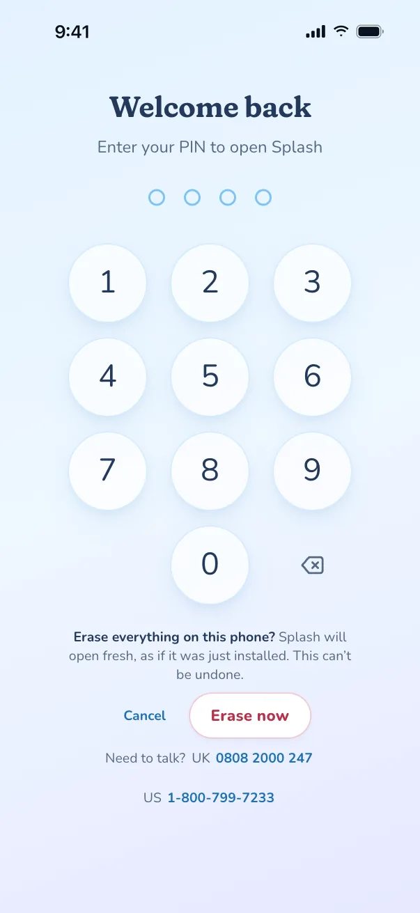 Splash lock screen with a PIN keypad and an “Erase everything on this phone?” confirmation, plus UK and US helpline numbers.