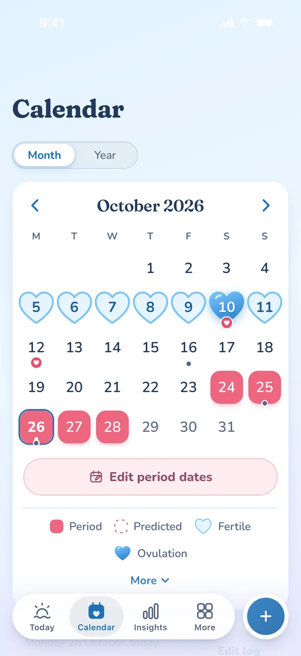 Splash calendar in dark mode with period days and blue fertile hearts
