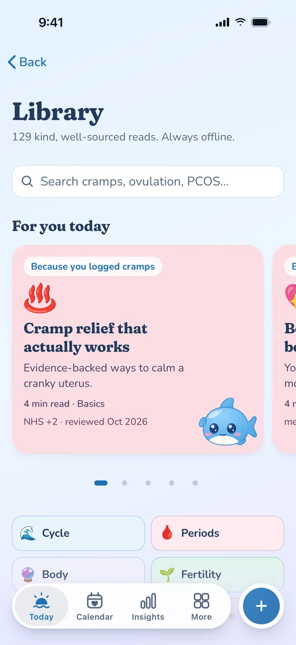 The Splash library inside the app, with article categories.