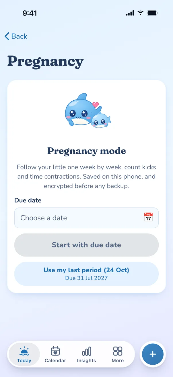 Splash pregnancy mode showing the week and a sea-creature size comparison