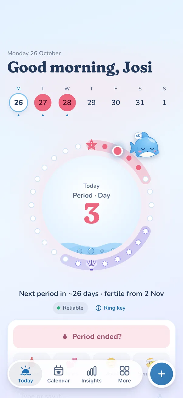 Today screen: Good morning, Josi, with a cycle ring on period day 3 and next period in about 26 days