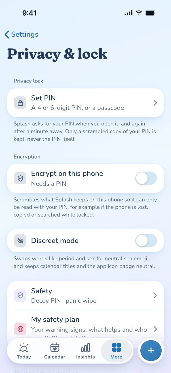 Splash privacy settings screen.