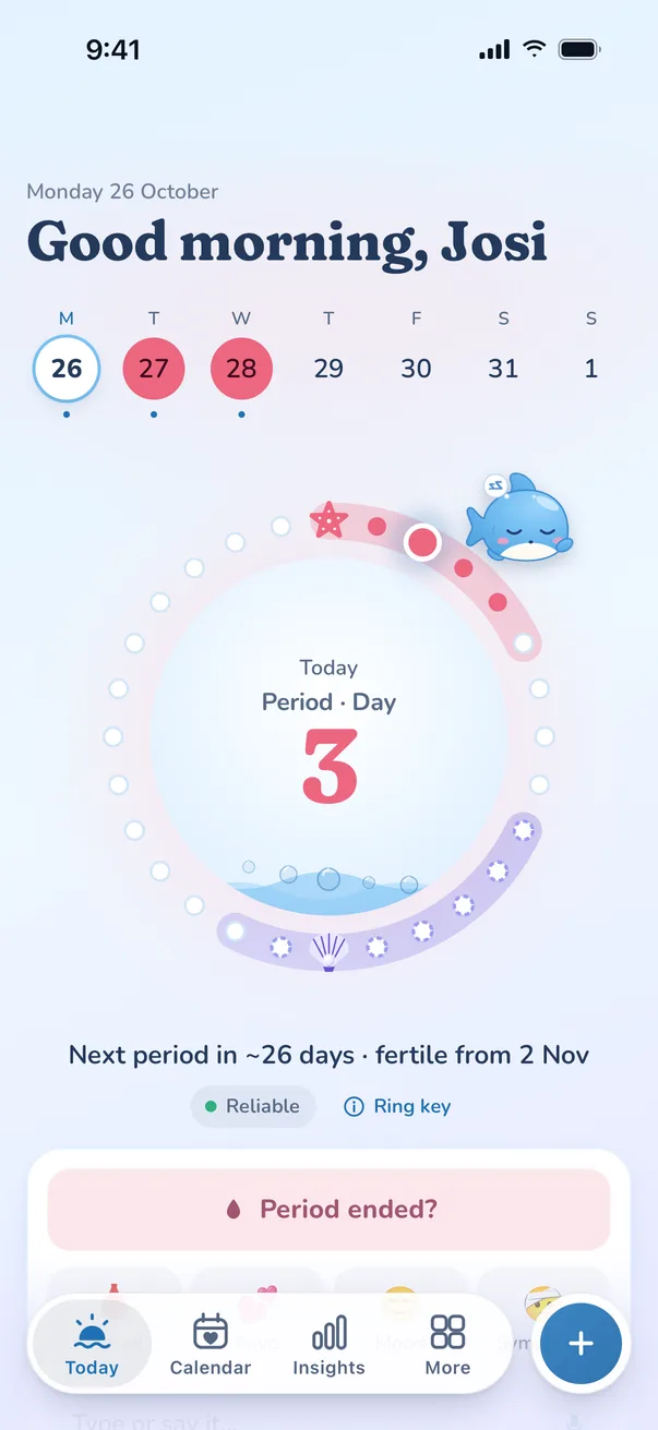 Splash today screen: cycle ring on period day 3