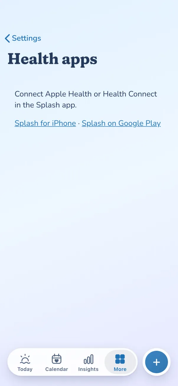 Health apps settings: connect Apple Health or Health Connect in the Splash app