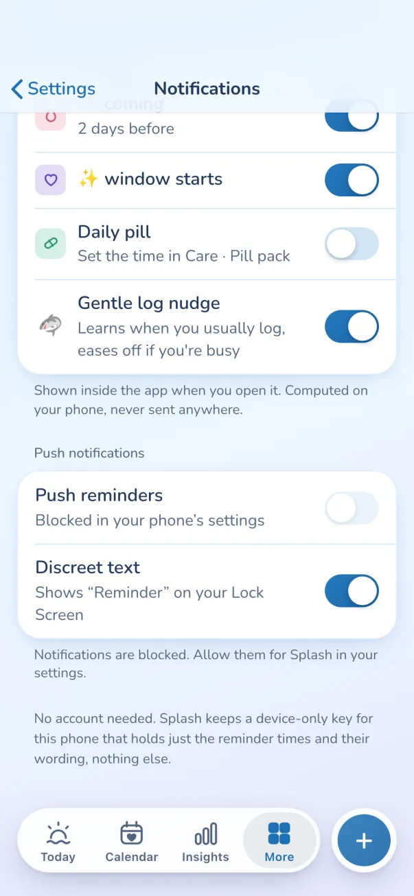 Notification settings with discreet text: shows Reminder on your Lock Screen