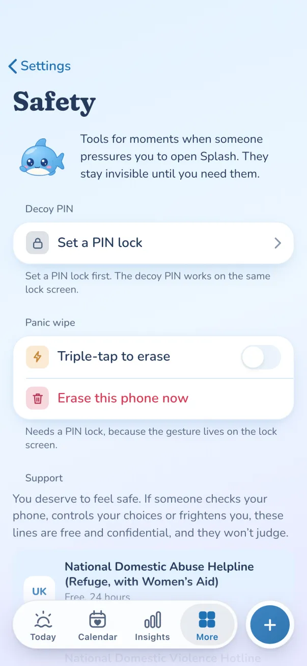 Safety: decoy PIN and panic wipe