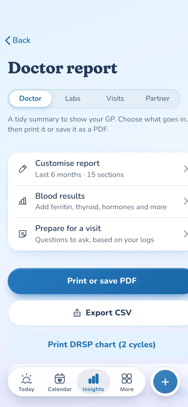 Doctor report: customise, blood results, prepare for a visit, print or save PDF and export CSV