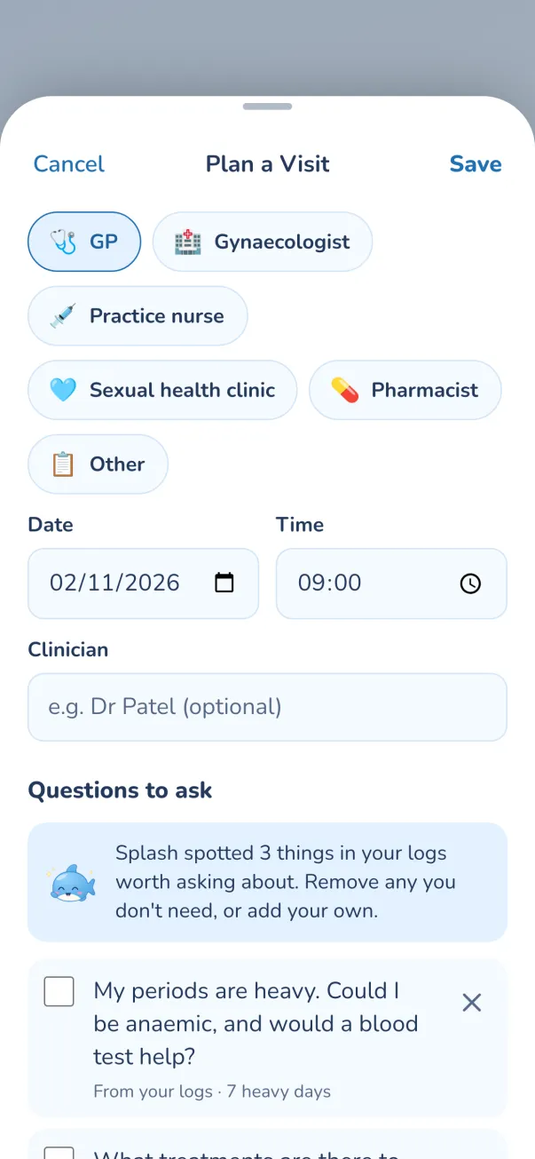 Plan a visit: questions to ask, suggested from your logs