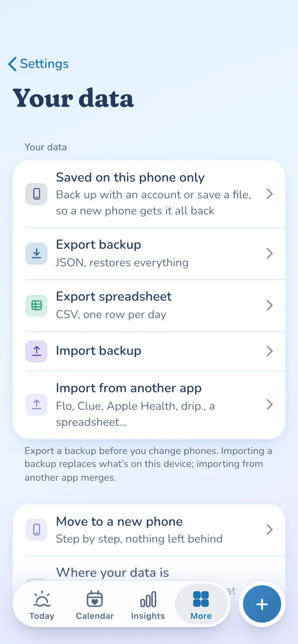 Your data: export backup, export spreadsheet as CSV, import and move phones
