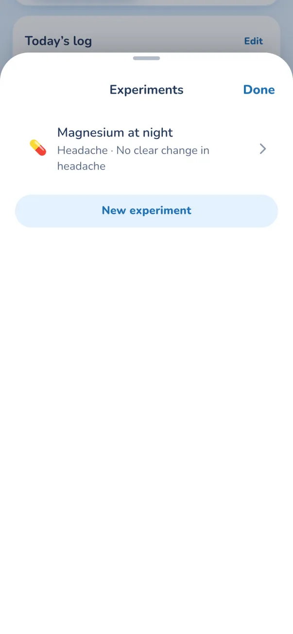 Experiments sheet: Magnesium at night, tracked against headaches