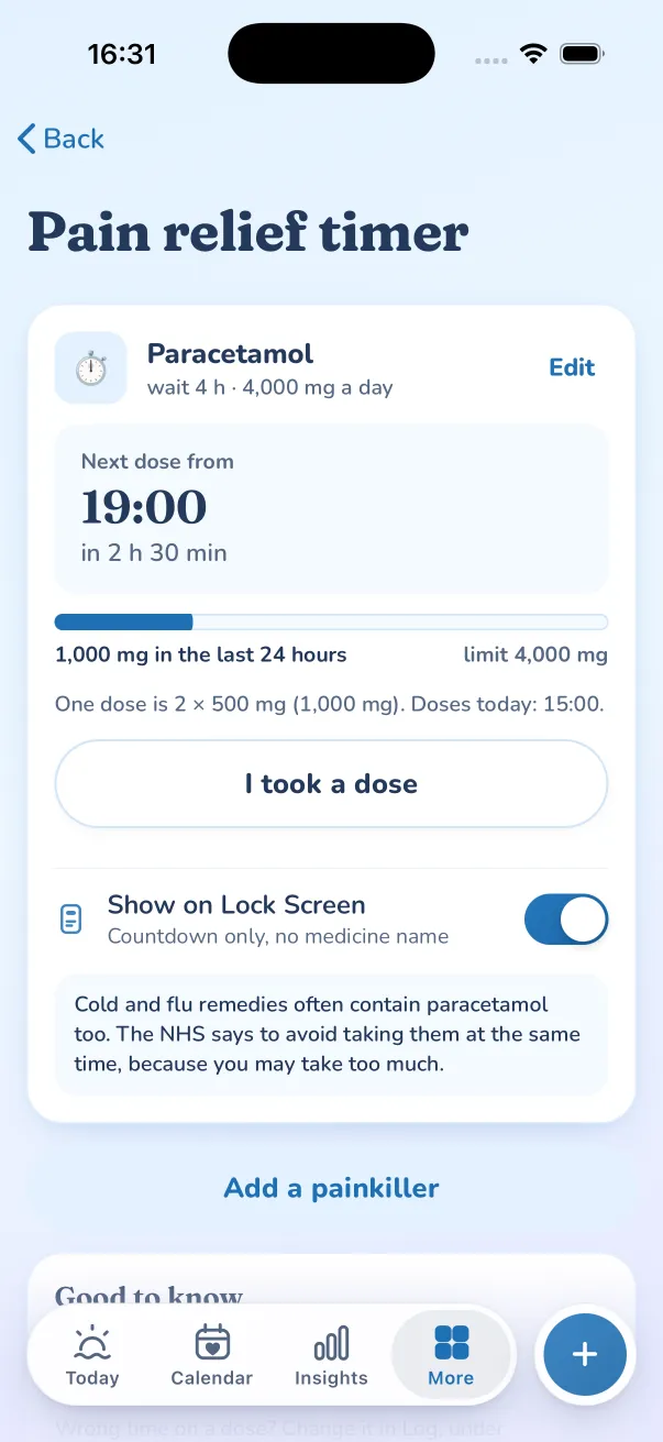 Pain relief timer: next dose from 19:00, in 2 h 30 min, with Show on Lock Screen switched on (countdown only, no medicine name)