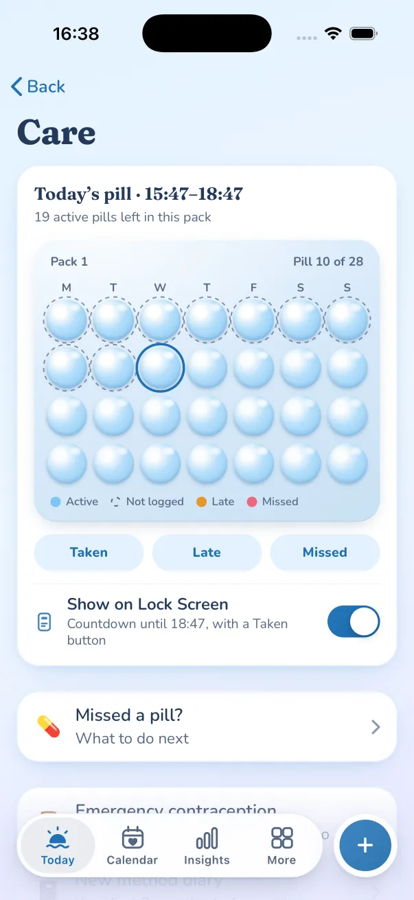 Care: today’s pill, 15:47 to 18:47, with Show on Lock Screen: a countdown until 18:47 with a Taken button