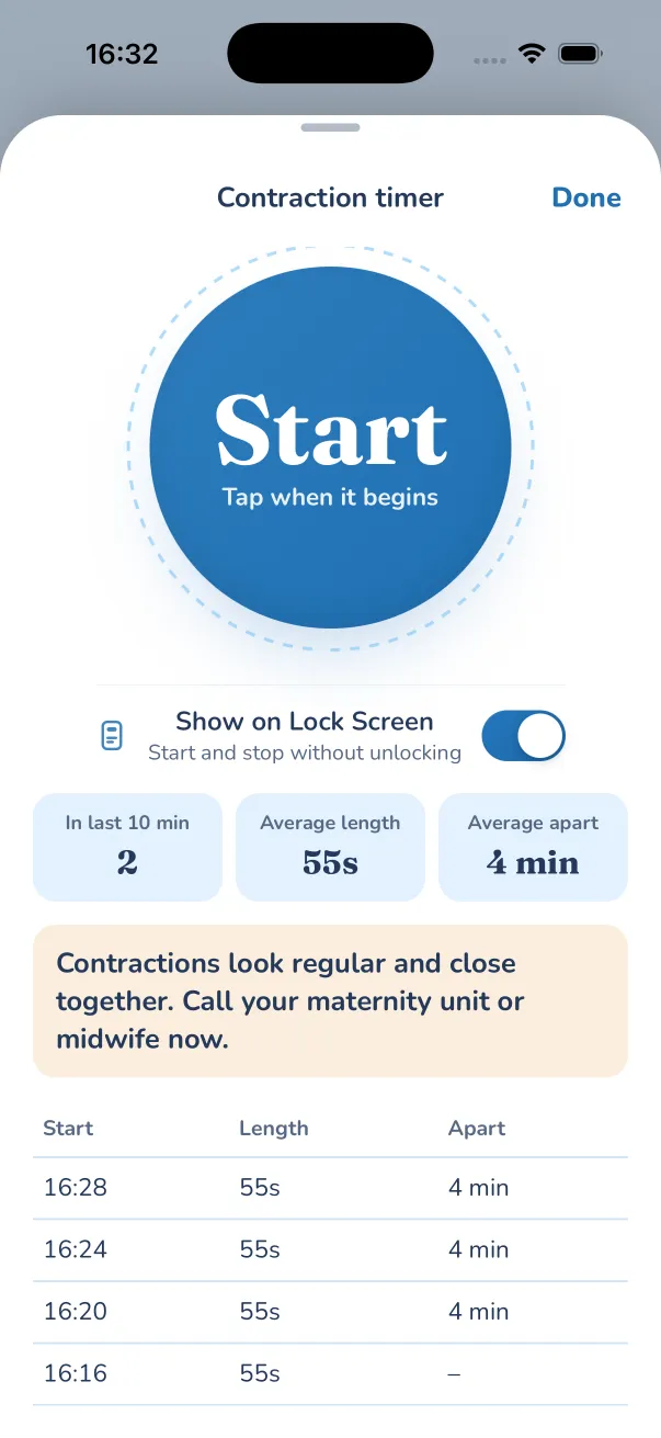 Contraction timer: Start button, 2 in the last 10 minutes, 55 seconds long, 4 minutes apart, and a prompt to call your maternity unit or midwife