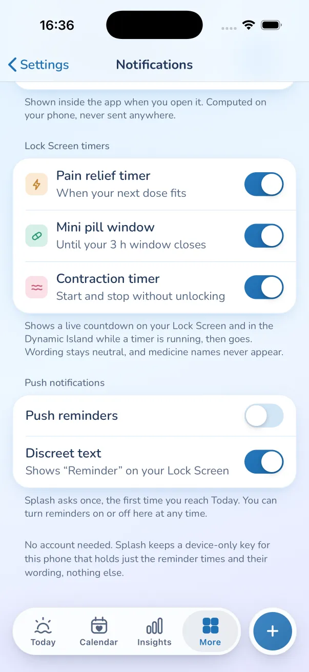 Notification settings: Lock Screen timers for pain relief, the mini pill window and contractions, each with its own switch