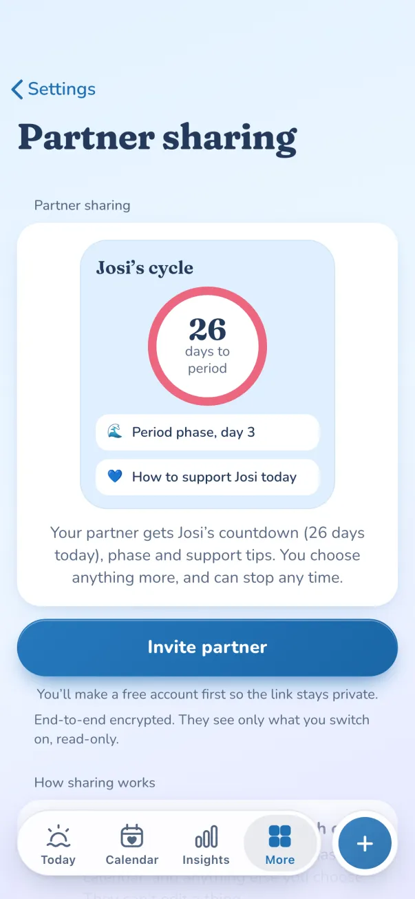 Partner sharing settings: a preview of what your partner sees and an Invite partner button