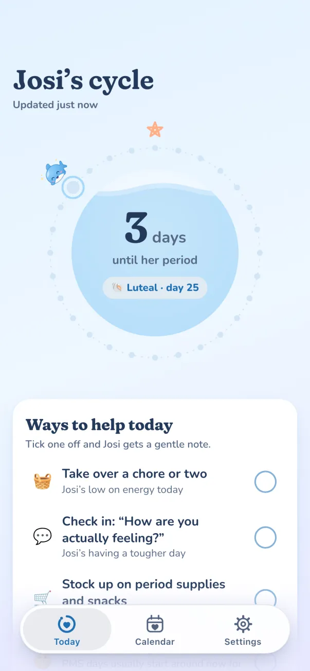 Partner view: Josi’s cycle with 3 days until her period, luteal phase day 25