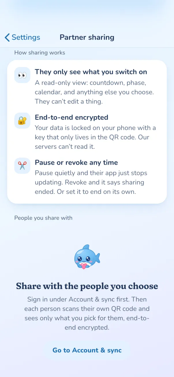 How sharing works: read-only, end-to-end encrypted, pause or revoke any time