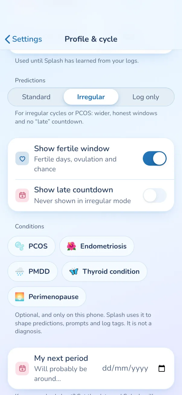 Profile and cycle settings with Irregular predictions chosen, plus PCOS and other conditions