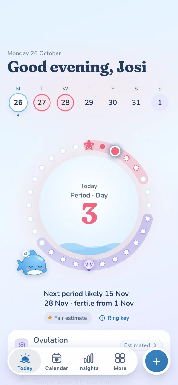 Today: cycle ring on period day 3, next period in about 26 days, ovulation marked Estimated