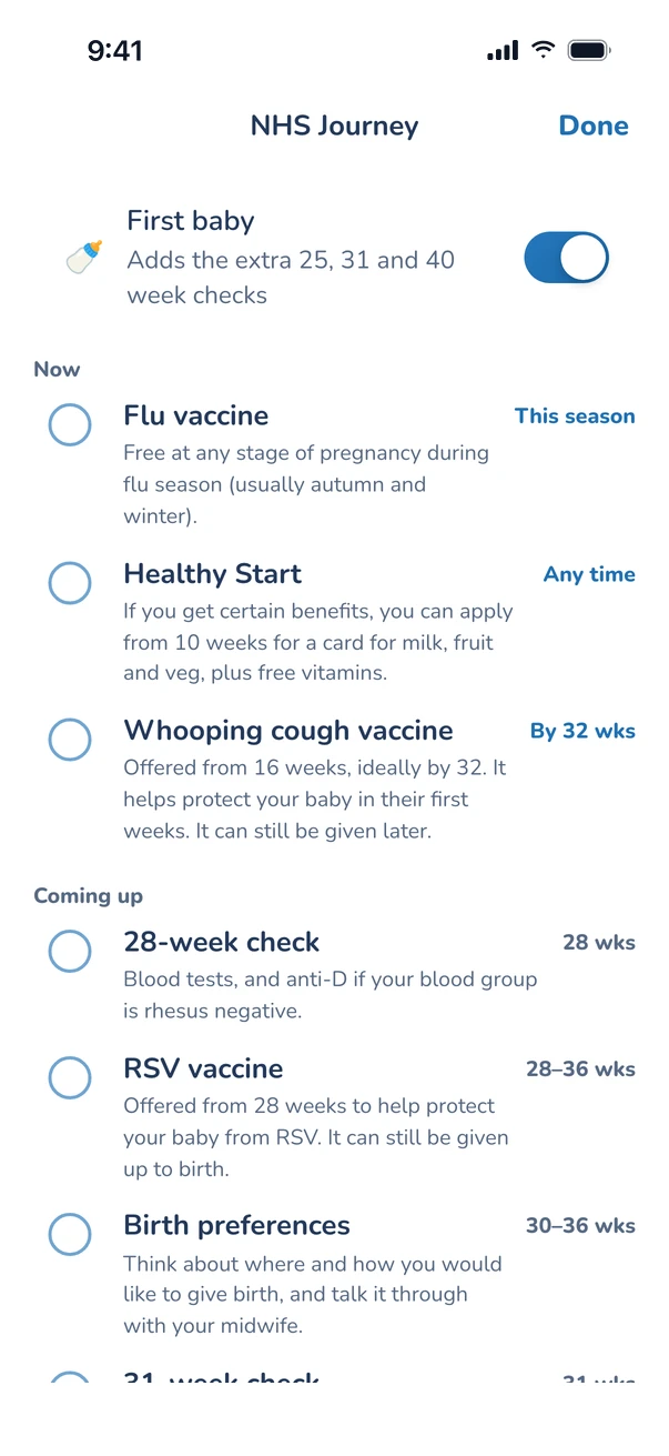 NHS journey: a first baby switch, then flu vaccine, Healthy Start and whooping cough vaccine now, with the 28-week check and RSV vaccine coming up