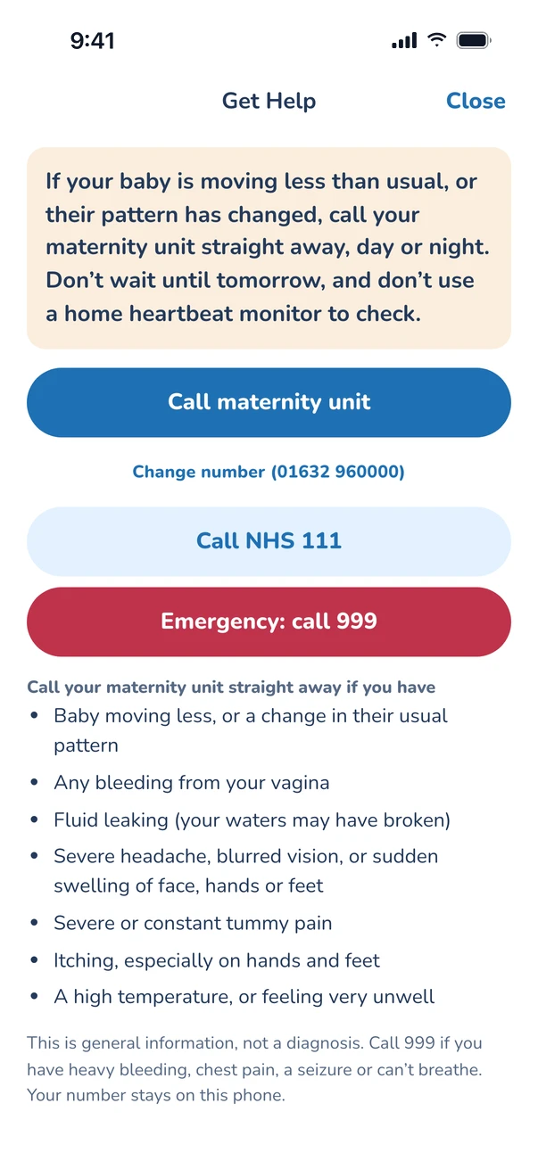 Get help: if baby is moving less, call your maternity unit straight away, with one-tap buttons for the unit, NHS 111 and 999 and a list of red flags