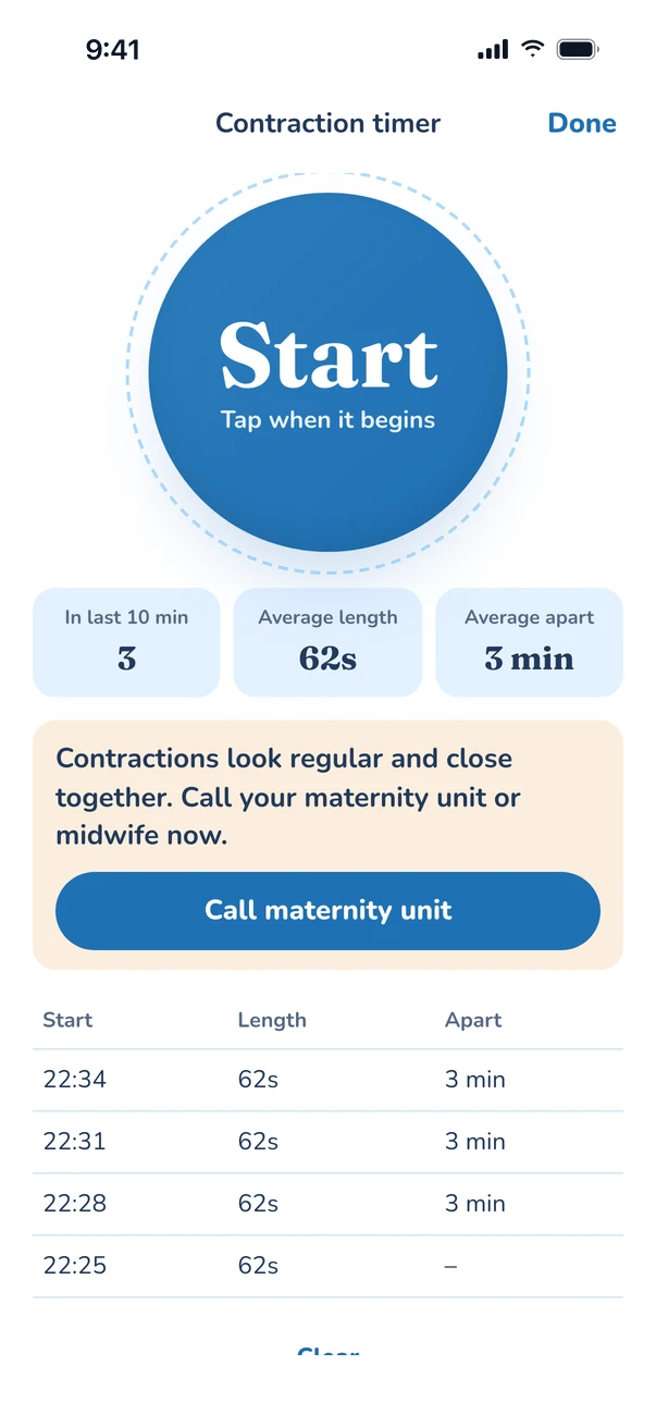 Contraction timer: 3 in the last 10 minutes, 62 seconds long, 3 minutes apart, with a prompt to call the maternity unit