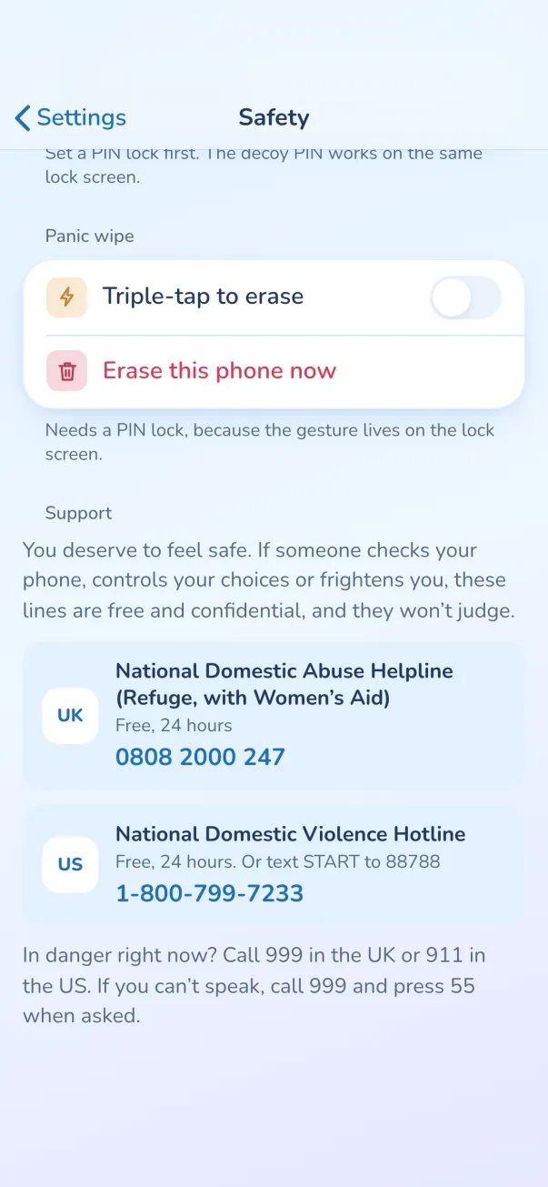 Safety settings: triple-tap to erase, erase this phone now, and free support lines