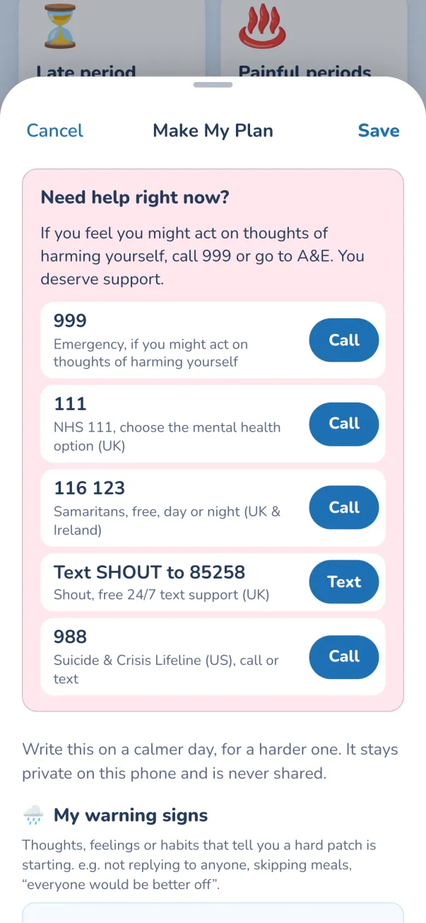 Make my plan: crisis lines first, then your own warning signs