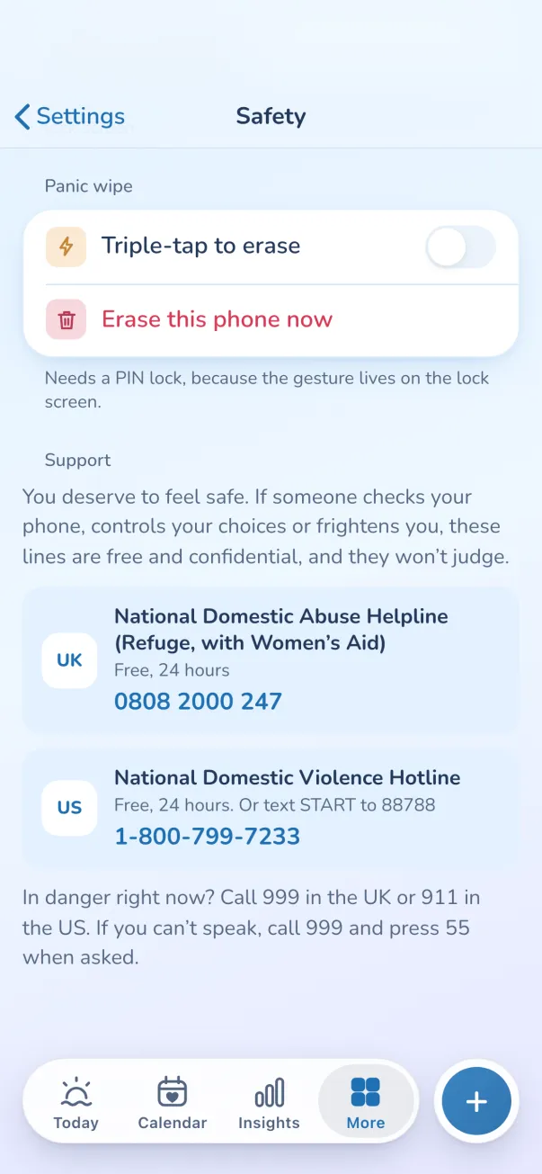 Safety settings: support lines for UK and US with phone numbers